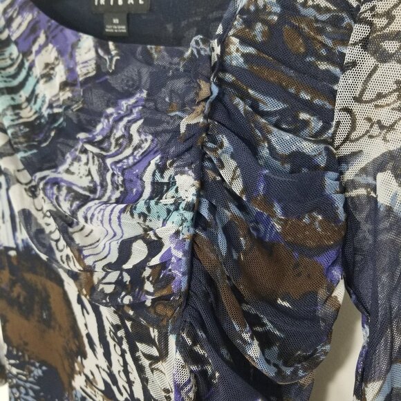 Tribal Sheer Arms Abstract Blue Brown Top 3/4 Sleeves Business Casual XSmall - Picture 8 of 10